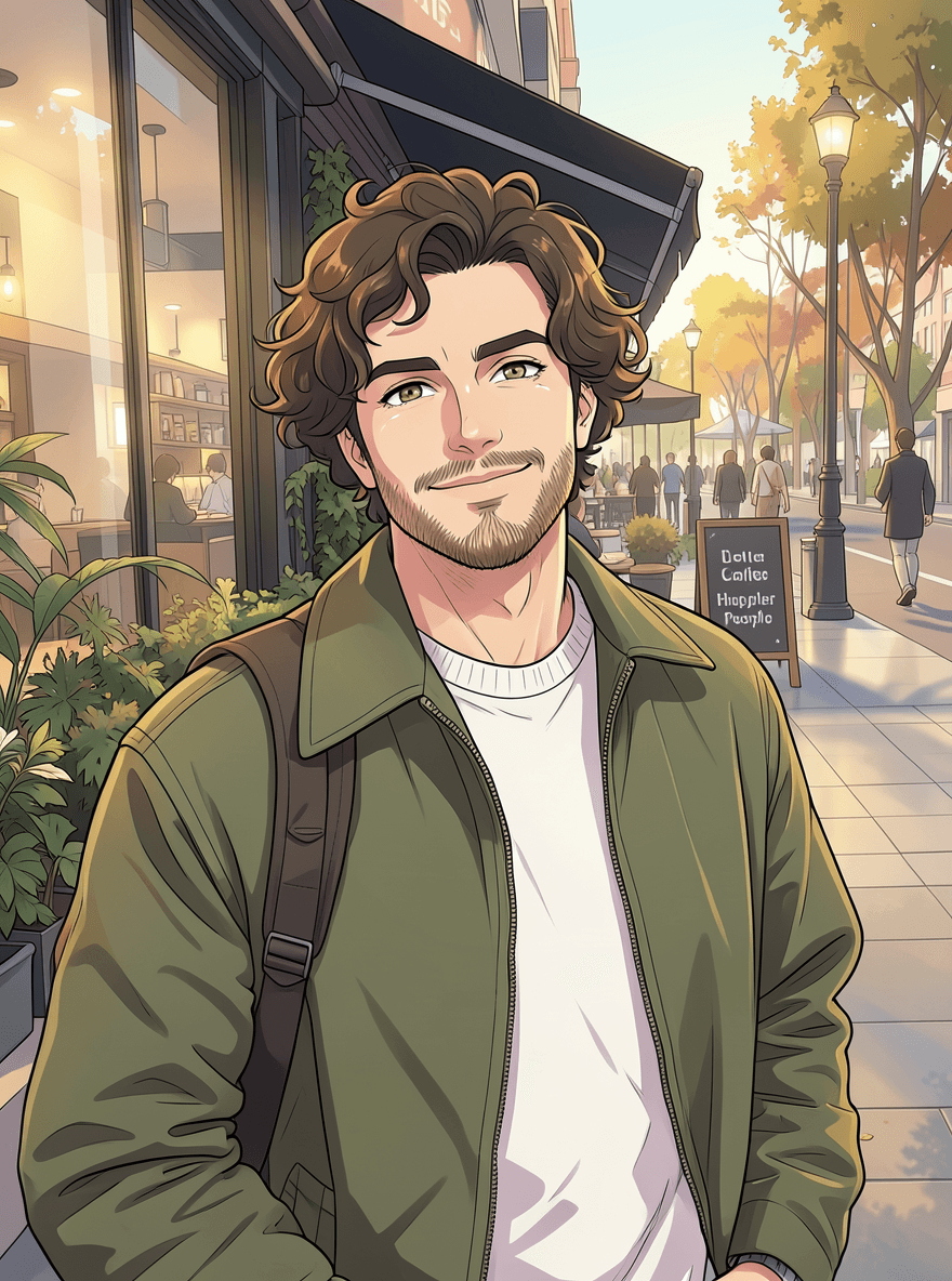 The same man re-drawn as a contemporary anime illustration, in the same olive jacket and pose, with the street scene rendered in clean lines and flat colour.