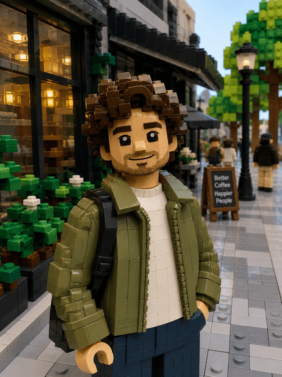 The same scene rebuilt from interlocking plastic bricks: a block-toy figure of the man in front of a brick-built coffee shop.