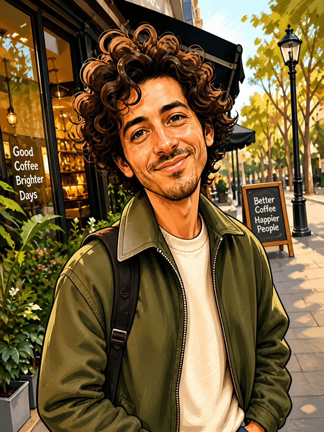 The same man drawn as a caricature, his curly hair and smile exaggerated while he stays recognisable, still outside the coffee shop.