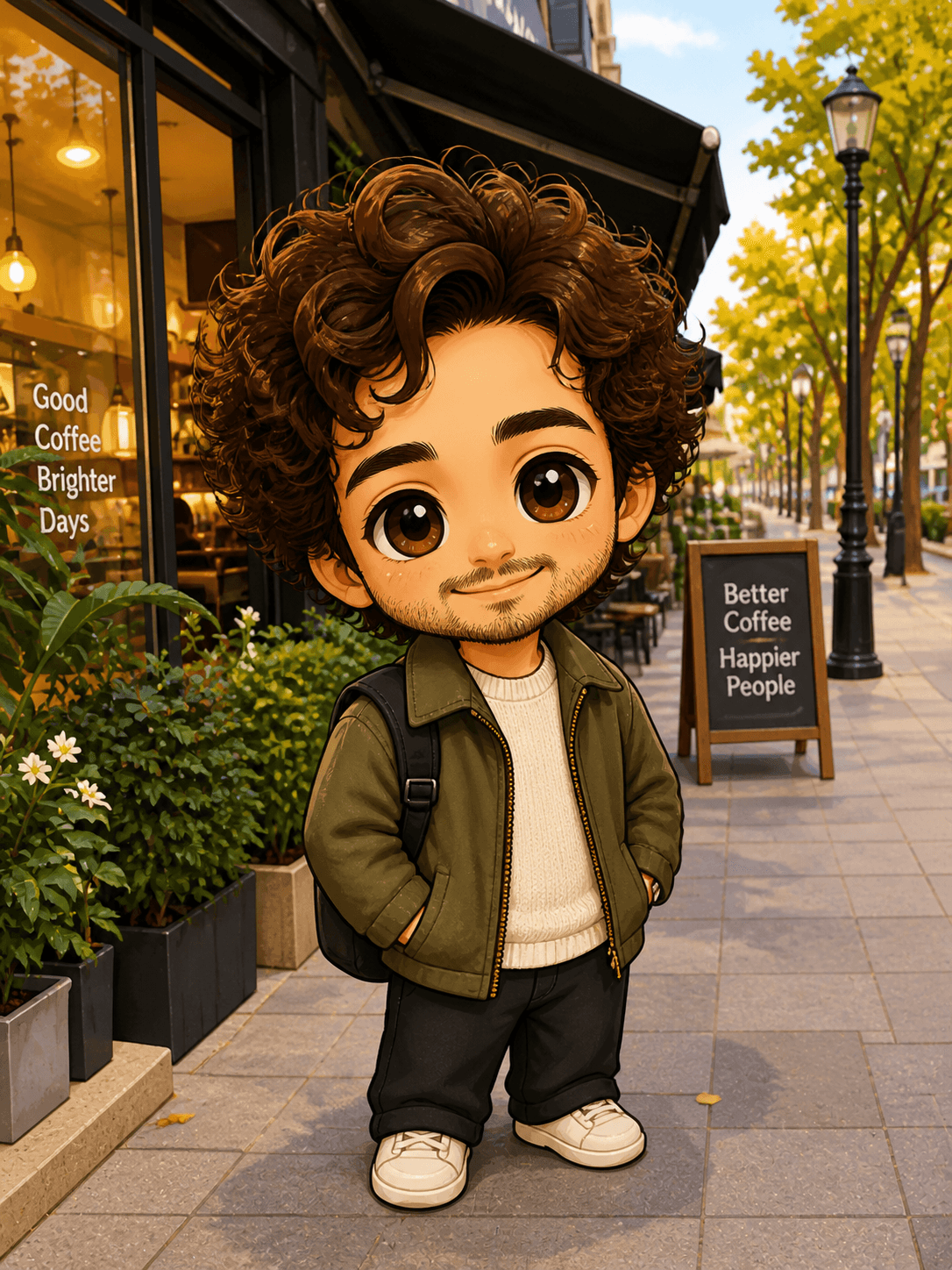 The same man drawn chibi-style — small and round with an oversized head — still in the olive jacket outside the coffee shop.