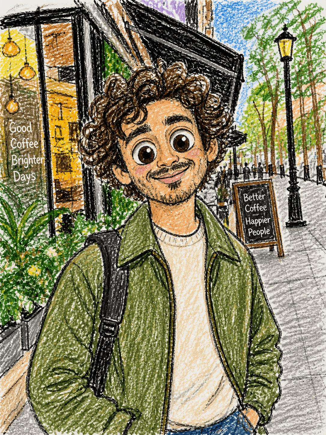 The same man redrawn as a deliberately wonky crayon doodle, features exaggerated in thick waxy strokes on textured paper.