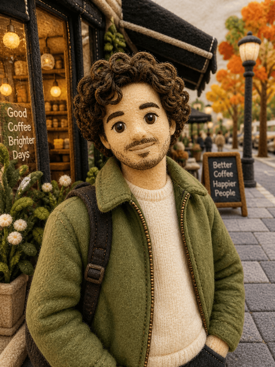 The same man and street rebuilt entirely in felt and stitched fabric: a plush figure with embroidered features, in front of a fabric coffee shop and knitted autumn trees.