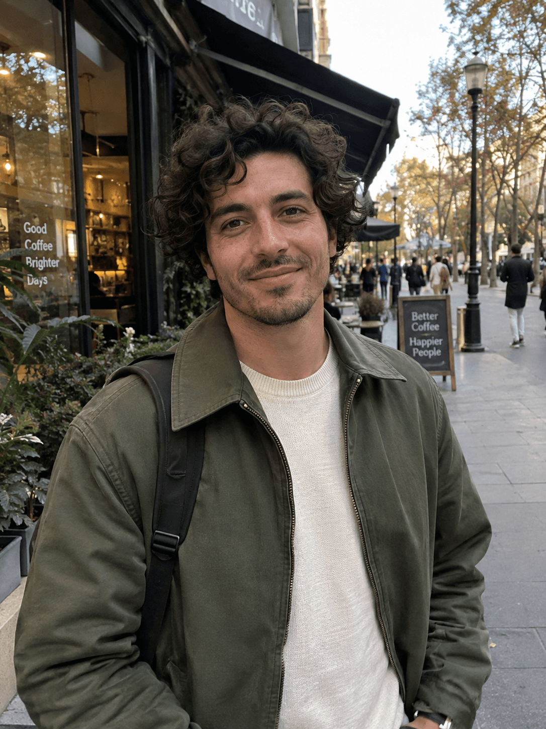 The original photograph: a man with curly dark hair, wearing an olive jacket over a cream sweater with a backpack strap across his shoulder, standing on a tree-lined street outside a coffee shop at dusk.