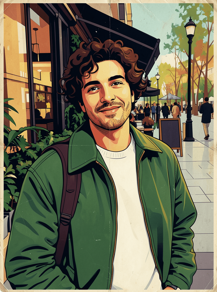 The same scene reprinted as a bold mid-century travel poster, the man and the street flattened into printed ink and aged paper.