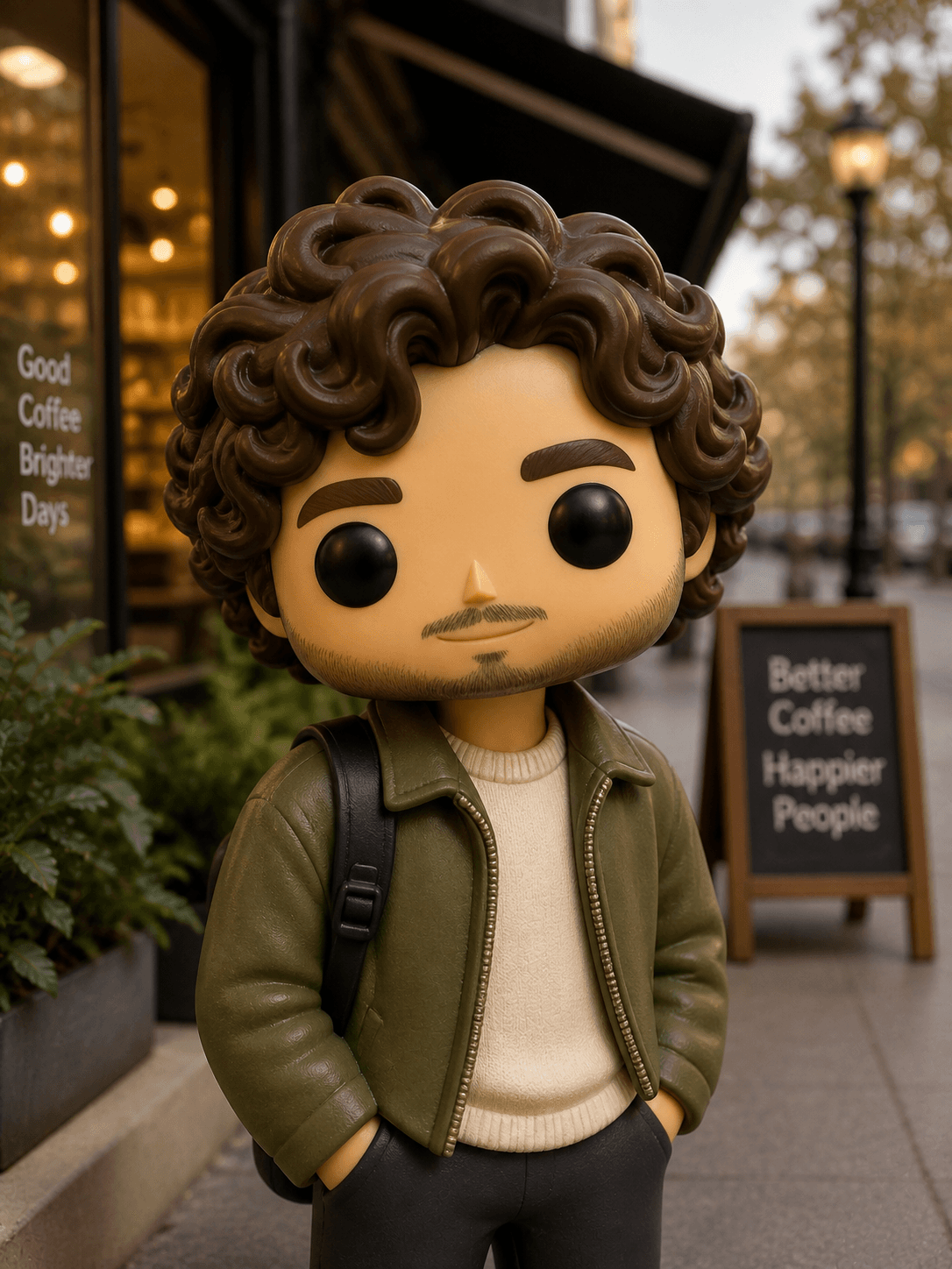The same man as a glossy vinyl collectible figure with a large head, moulded curly hair and black dot eyes, standing on the same pavement.